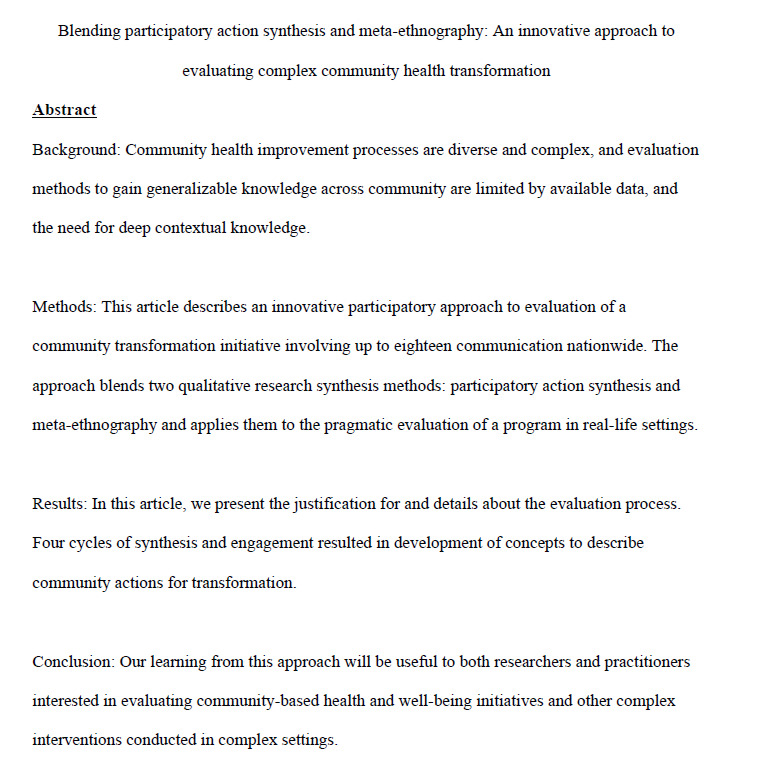 Abstract - Blending participatory action synthesis and meta-ethnography: An innovative approach to evaluating complex community health transformation